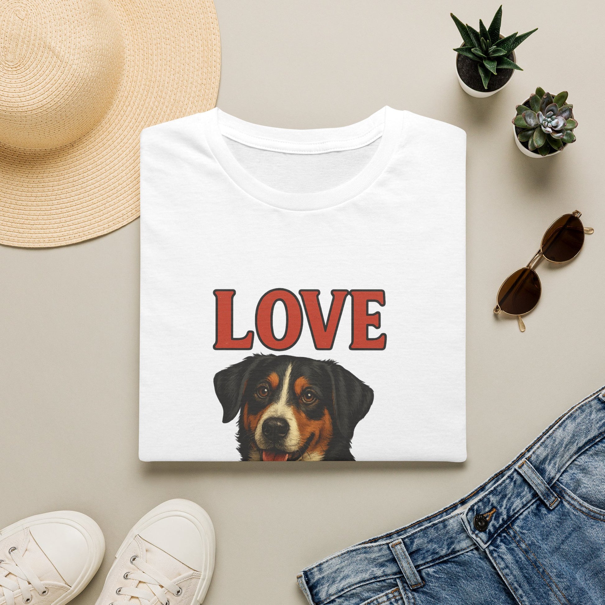 White t-shirt with a dog illustration and 'LOVE' text, surrounded by casual items on a light surface.