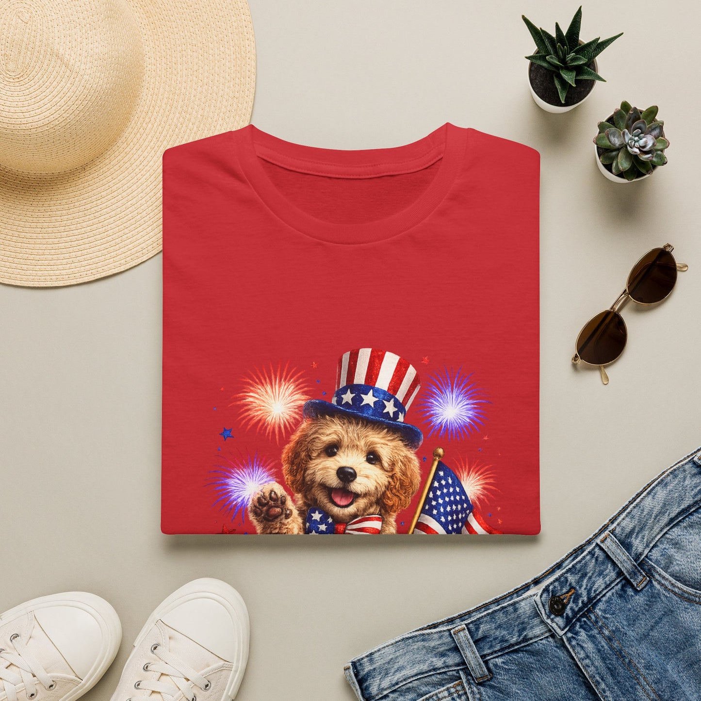 Red t-shirt with a dog wearing a patriotic hat and flag, surrounded by a hat, sunglasses, shoes, and plants on a light background.