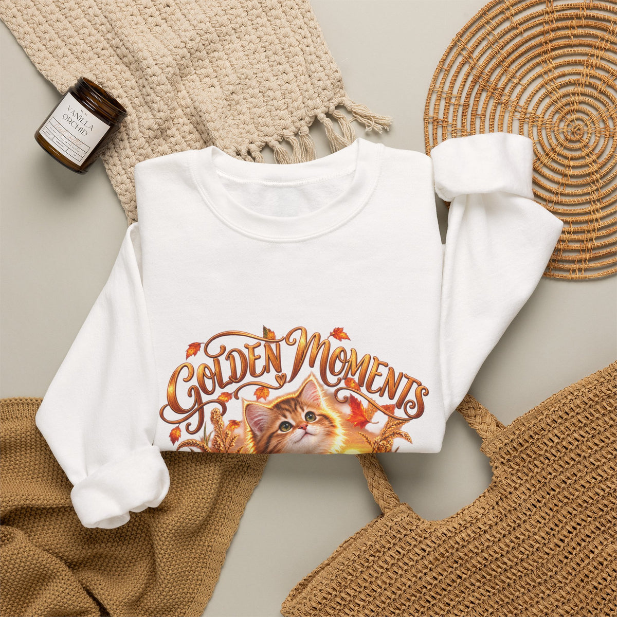 Unisex fall kitten crewneck sweatshirt with glowing autumn leaves, flowers and harvest pumpkin

