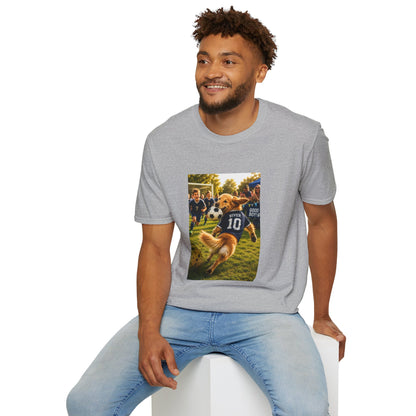  man wearing a gray  graphic t-shirt and light blue jeans, sitting on a white block against a plain white background. The t-shirt features a rectangular graphic print showing a golden retriever dog playing football with players wearing navy jerseys.