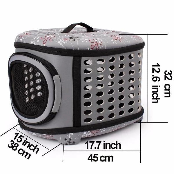Pet carrier with floral pattern and measurements on a white background