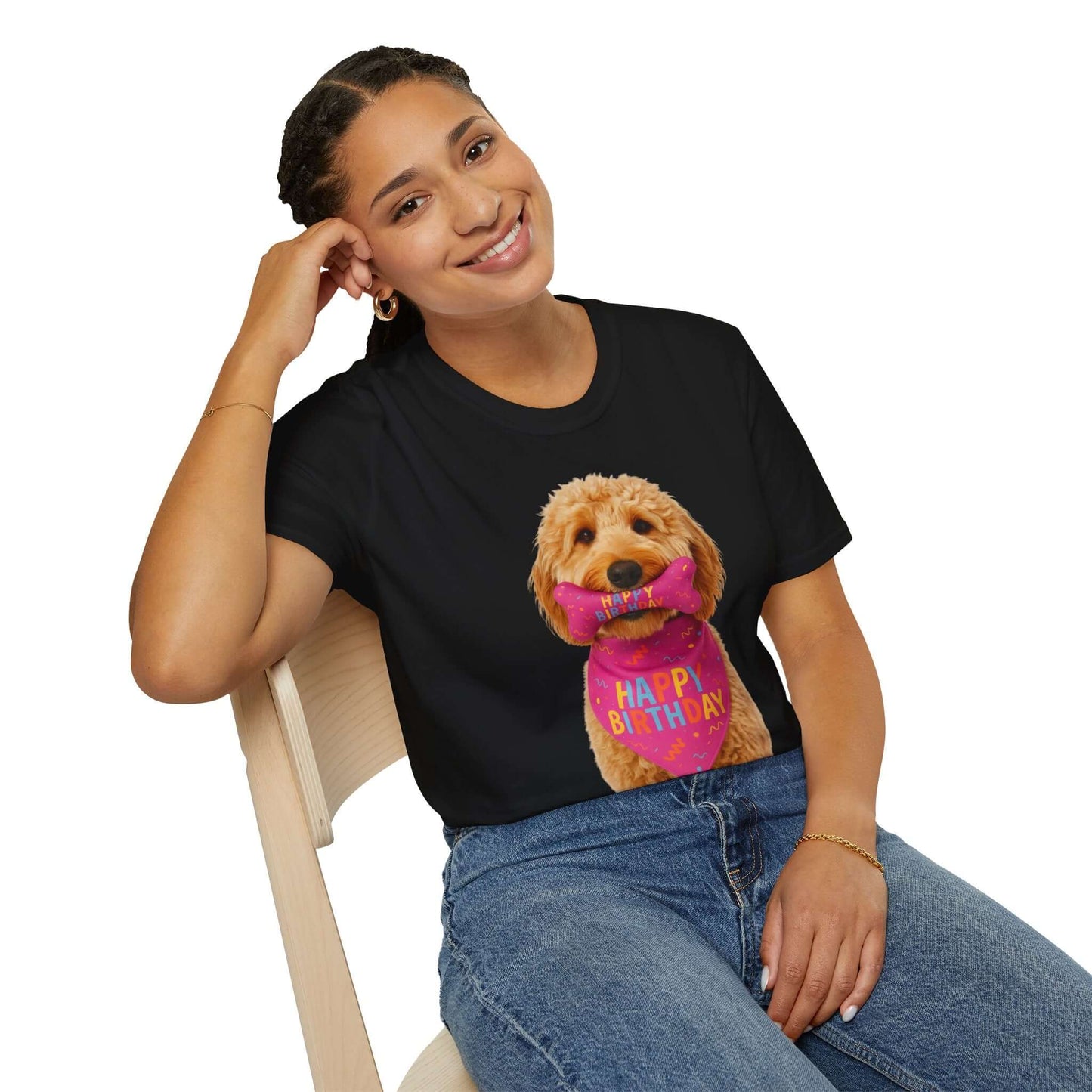 Birthday Dog T-Shirt featuring a doodle pup with a birthday hat, perfect for pet supplies and dog lovers.