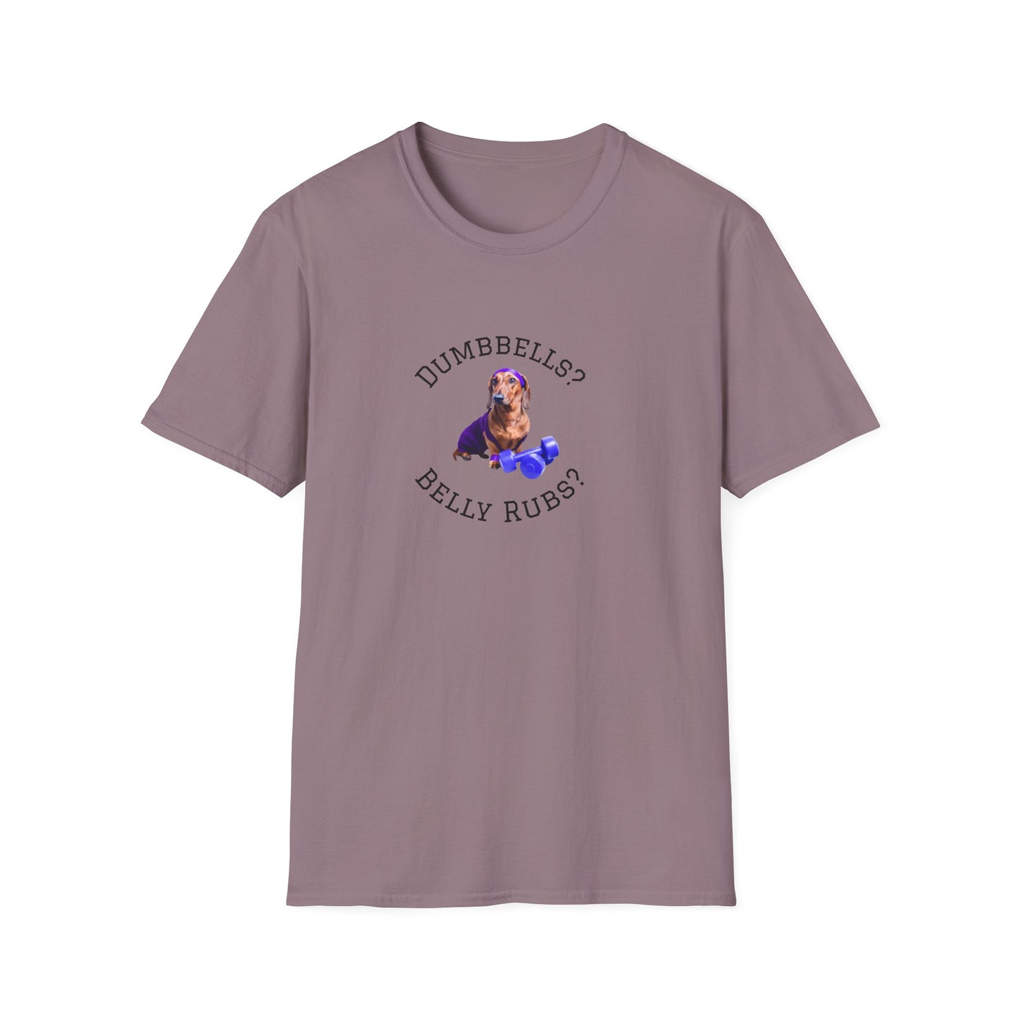 Purple t-shirt with a graphic of a dog and text 'DUMBBELLS? BELLY RUBS?' on a white background