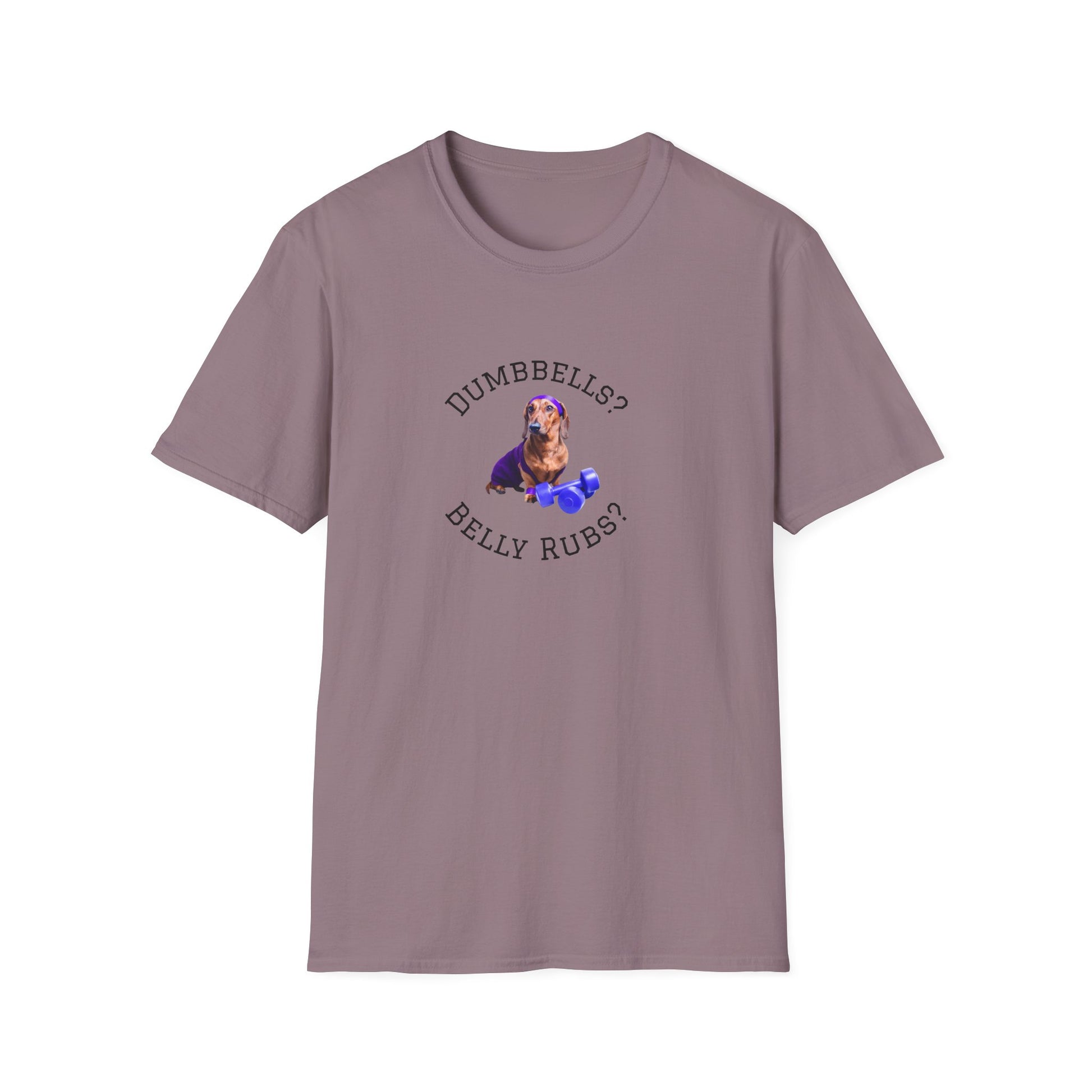 Purple t-shirt with a graphic of a dog and text 'DUMBBELLS? BELLY RUBS?' on a white background