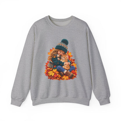Sport Gray crewneck sweatshirt featuring a little girl cuddling an orange tabby kitten among autumn leaves