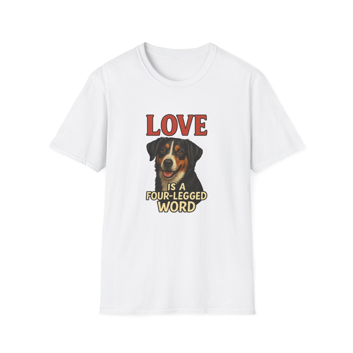 White t-shirt with a dog graphic and text on a white background