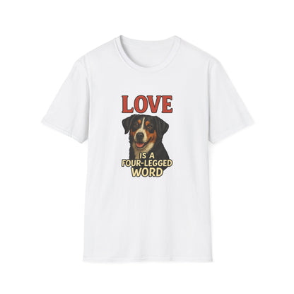 White t-shirt with a dog graphic and text on a white background