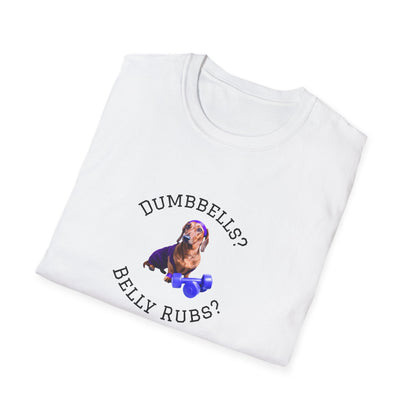 White t-shirt with a dog graphic and text on a white background
