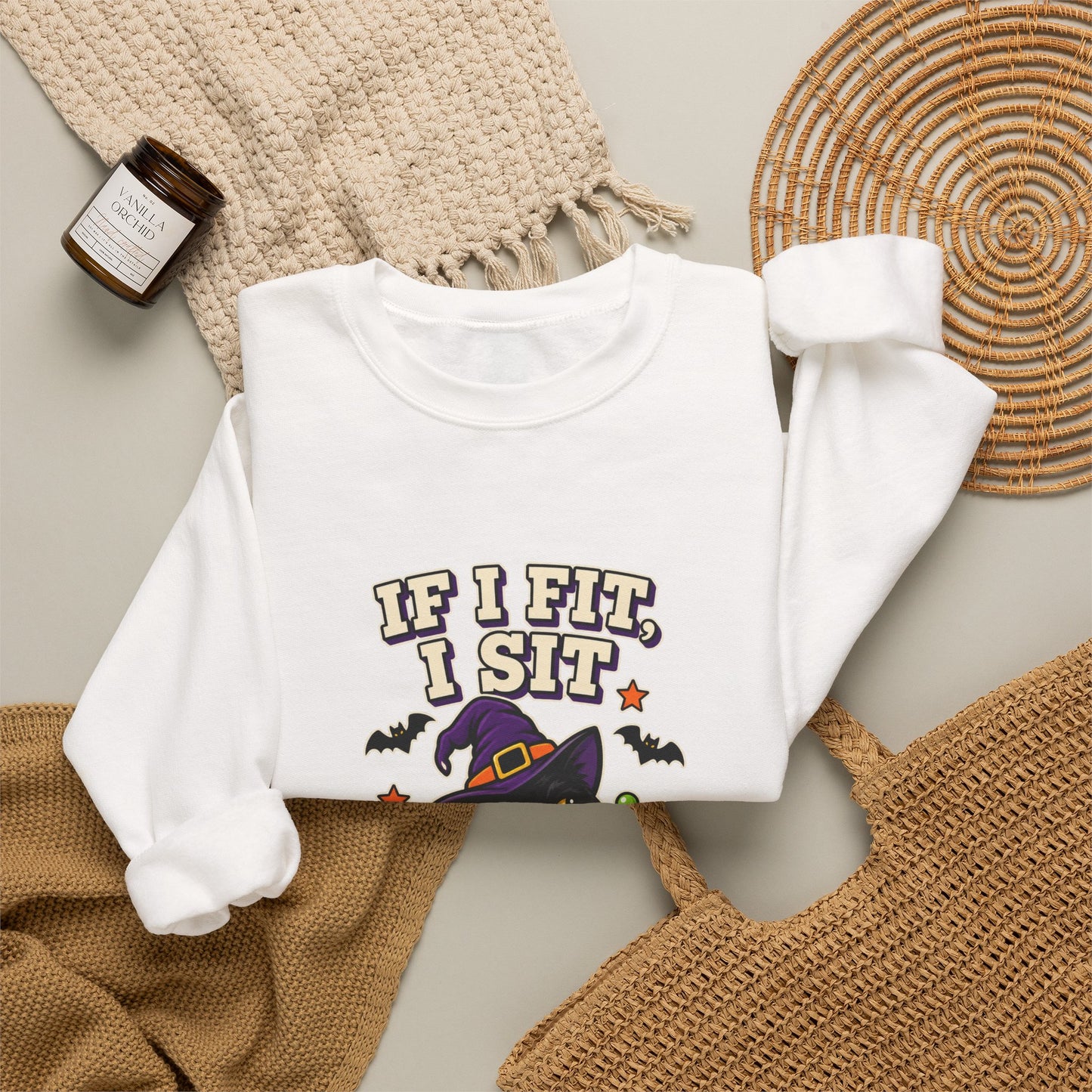 If I Fit, I Sit Witch Cat Halloween Sweatshirt – Cauldron Cat Crewneck