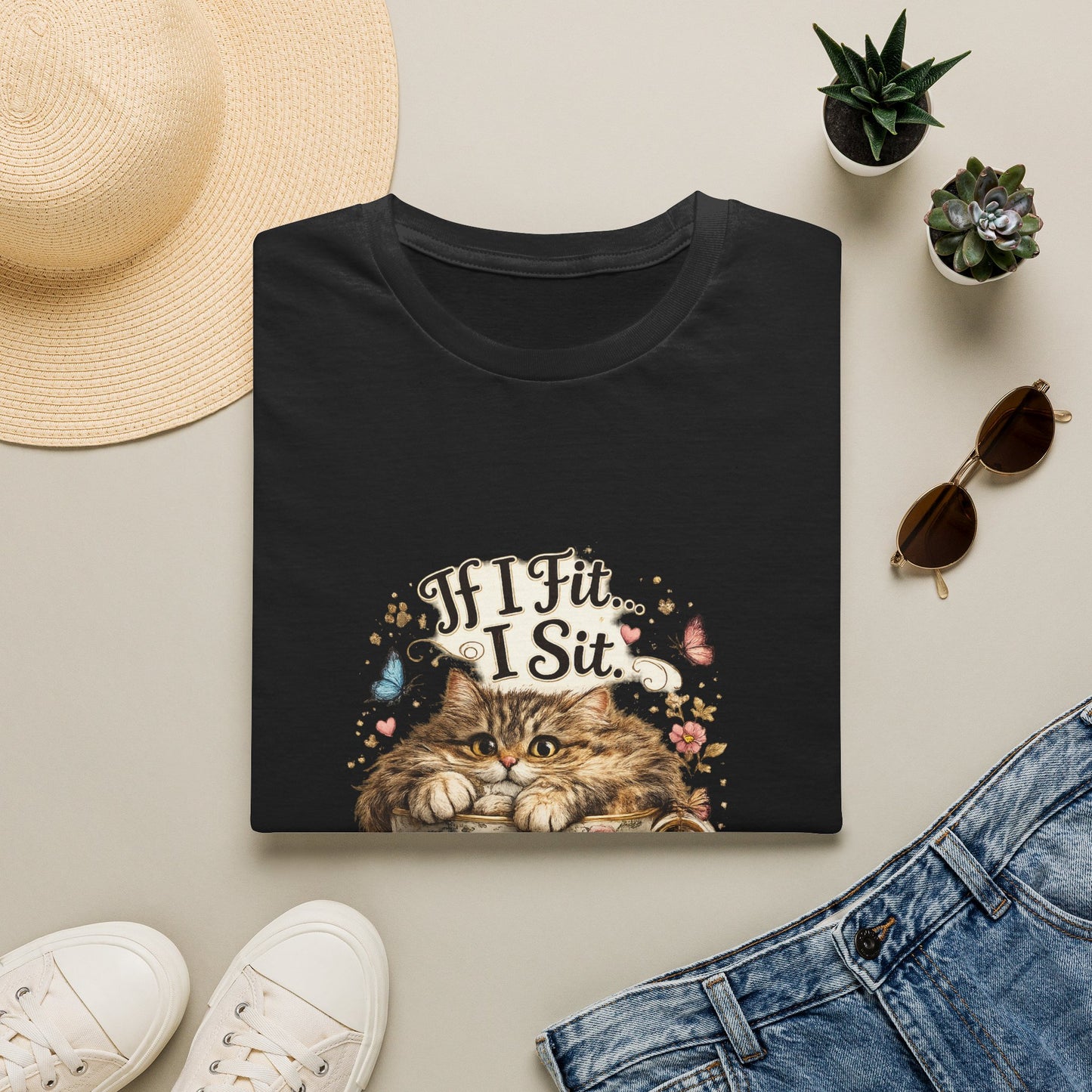 If I Fit... I Sit.™ Coffee Cup Cat Shirt | Funny Coffee Lover Kitty Tee | Cute Cat Lover Gift
