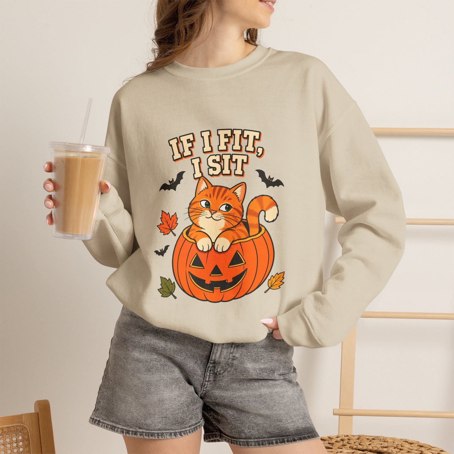 If I Fit, I Sit Halloween Cat Sweatshirt – Pumpkin Cat Crewneck