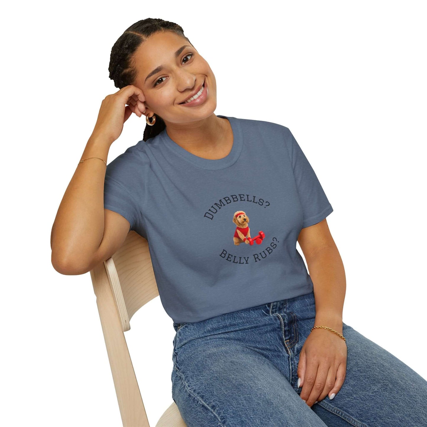 Goldendoodle Dog Lover Workout Tee – “Belly Rubs or Dumbbells?” featuring a smiling woman wearing the tee.