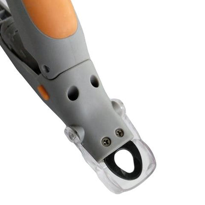 Close-up of a gray and orange tool on a white background