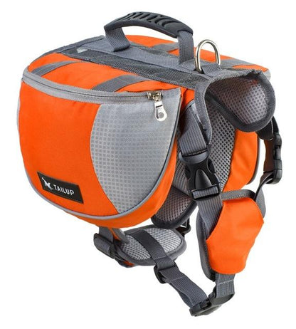 Orange and gray dog backpack with harness on a white background