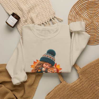 Folded sand Golden Moments girl and kitten sweatshirt styled with neutral knit accessories