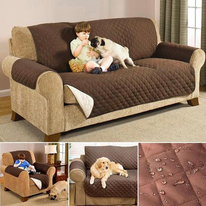 Brown quilted sofa cover on a beige sofa with a child and dog, surrounded by additional images of the cover in use.