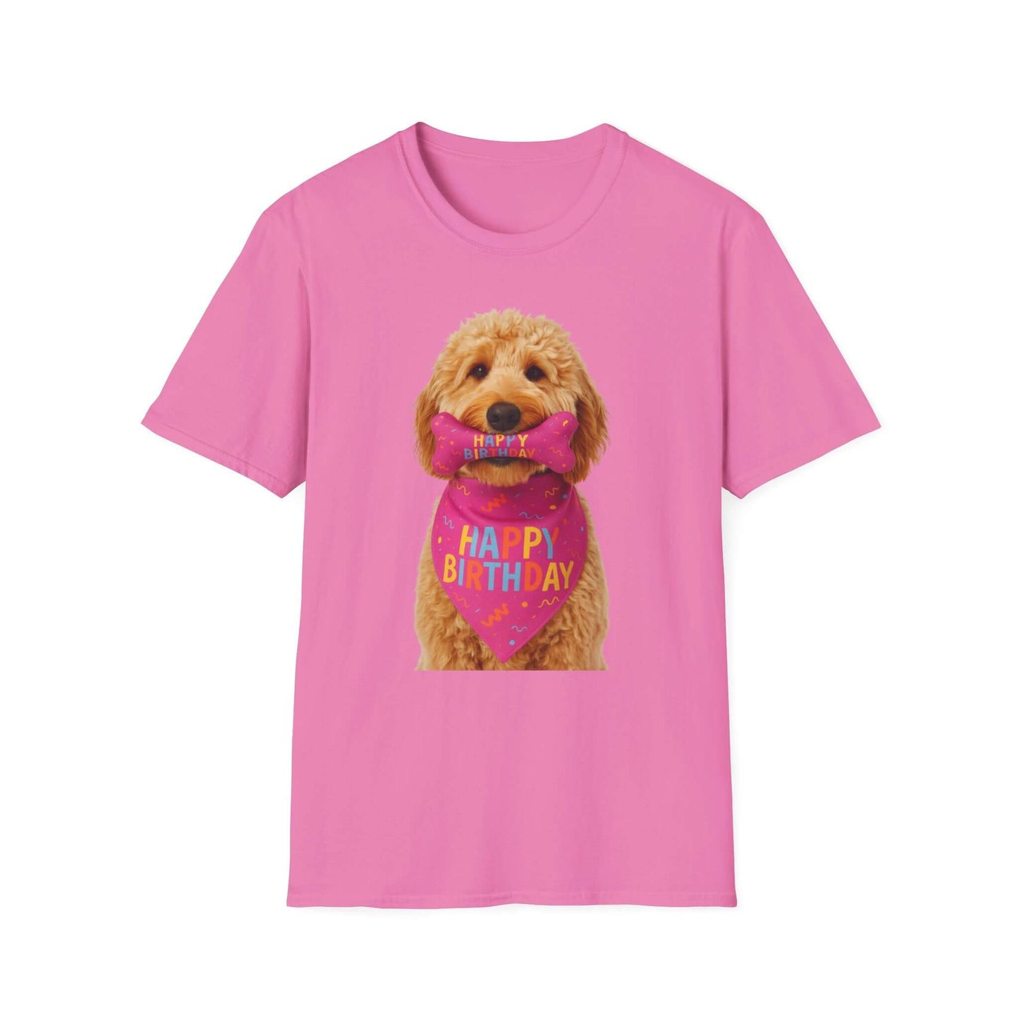 Adorable Birthday Dog T-Shirt for pets featuring a doodle puppy wearing a birthday scarf, perfect for dog celebrations.