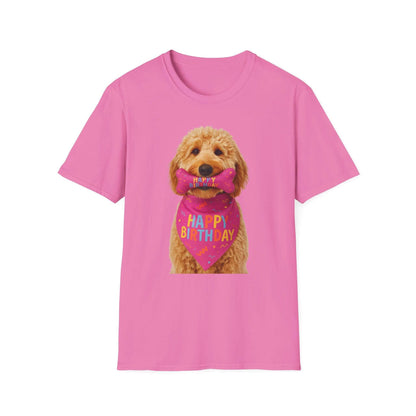 Adorable Birthday Dog T-Shirt for pets featuring a doodle puppy wearing a birthday scarf, perfect for dog celebrations.