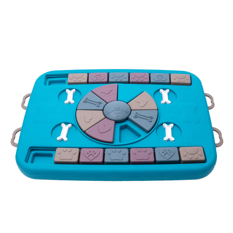 Blue pet puzzle toy with various shapes and textures on a white background