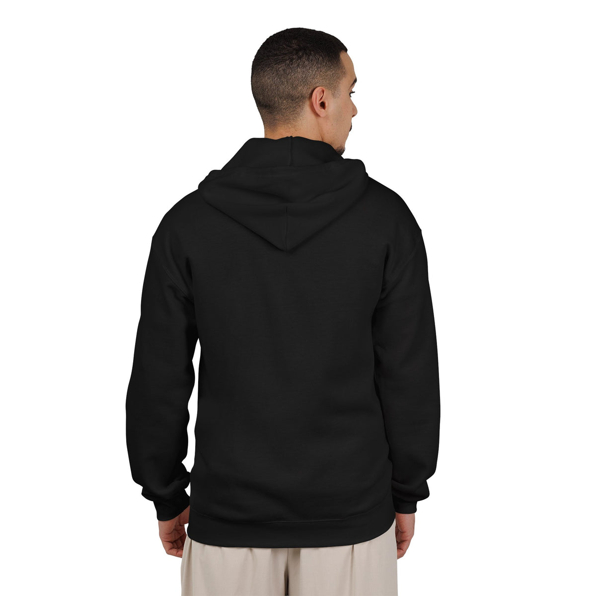Black unisex Halloween zip-up hoodie with a trick-or-treat ghost design on the left chest