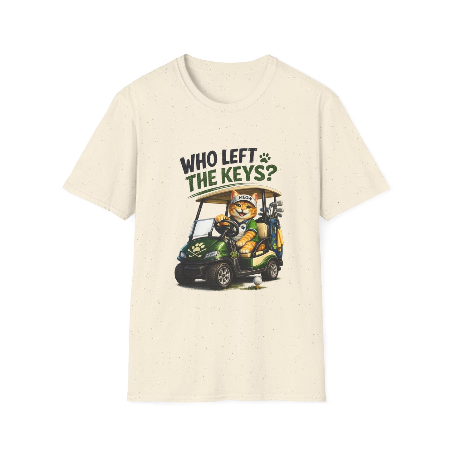 An off-white crewneck t-shirt featuring a cartoon graphic of a cat driving a green golf cart with the text 'WHO LEFT THE KEYS?' printed above it, displayed on a clean white background.