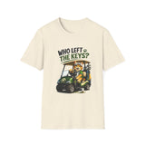 An off-white crewneck t-shirt featuring a cartoon graphic of a cat driving a green golf cart with the text 'WHO LEFT THE KEYS?' printed above it, displayed on a clean white background.