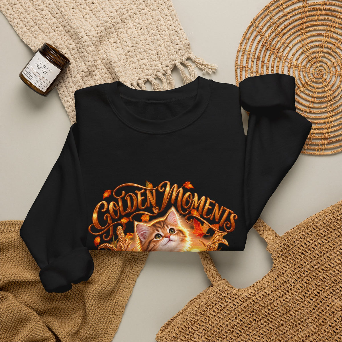 Black Golden Moments fall kitten crewneck sweatshirt with autumn leaves, flowers and pumpkin design
