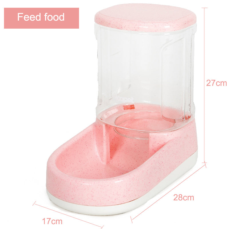 Pink pet feeder with measurements on a white background