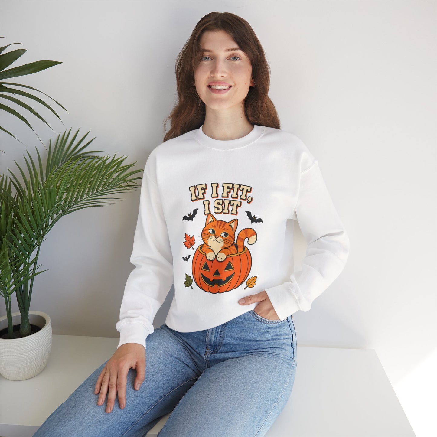 If I Fit, I Sit Halloween Cat Sweatshirt – Pumpkin Cat Crewneck