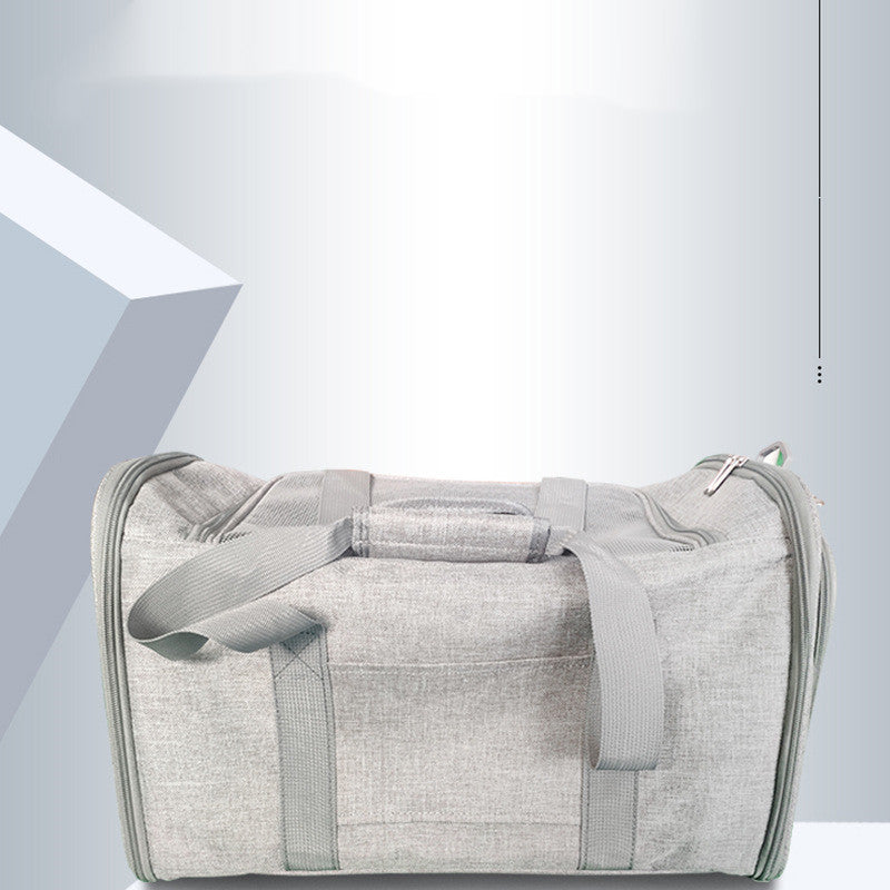 Gray duffel bag on a light gray background