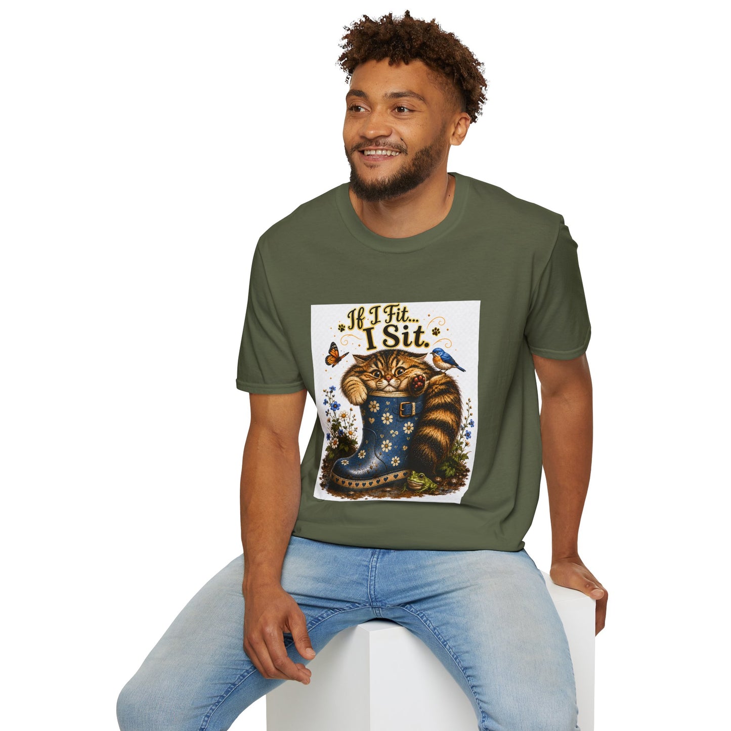 If I Fit... I Sit | Rain Boot Cat Shirt | Funny Gardening Kitty Tee | Cute Cat Lover Gif