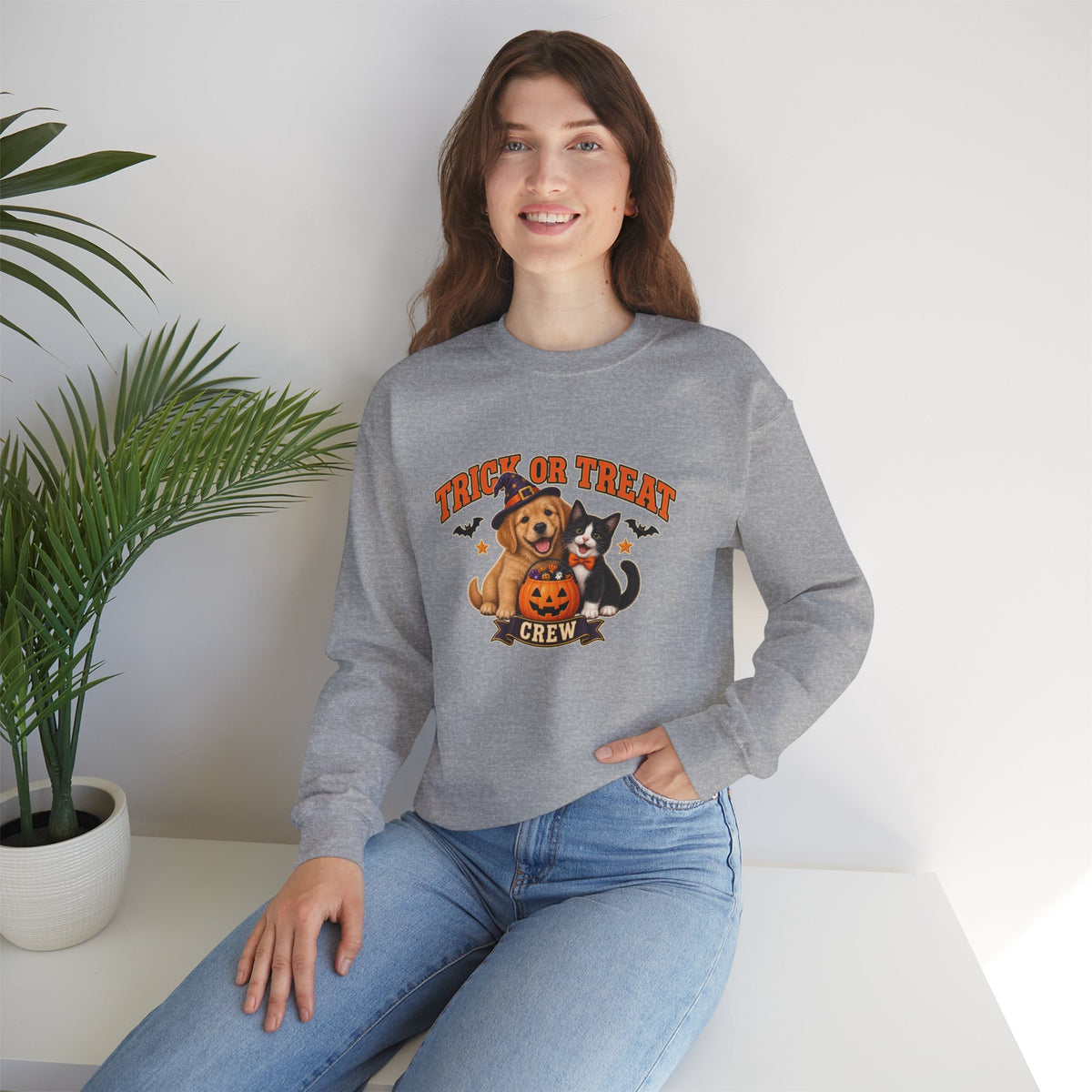 Trick or Treat Crew puppy and kitten Halloween sweatshirt in Sport Grey

