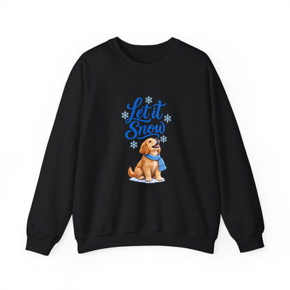 Black Let It Snow sweatshirt featuring a golden retriever puppy in a blue scarf beneath blue script and snowflakes.