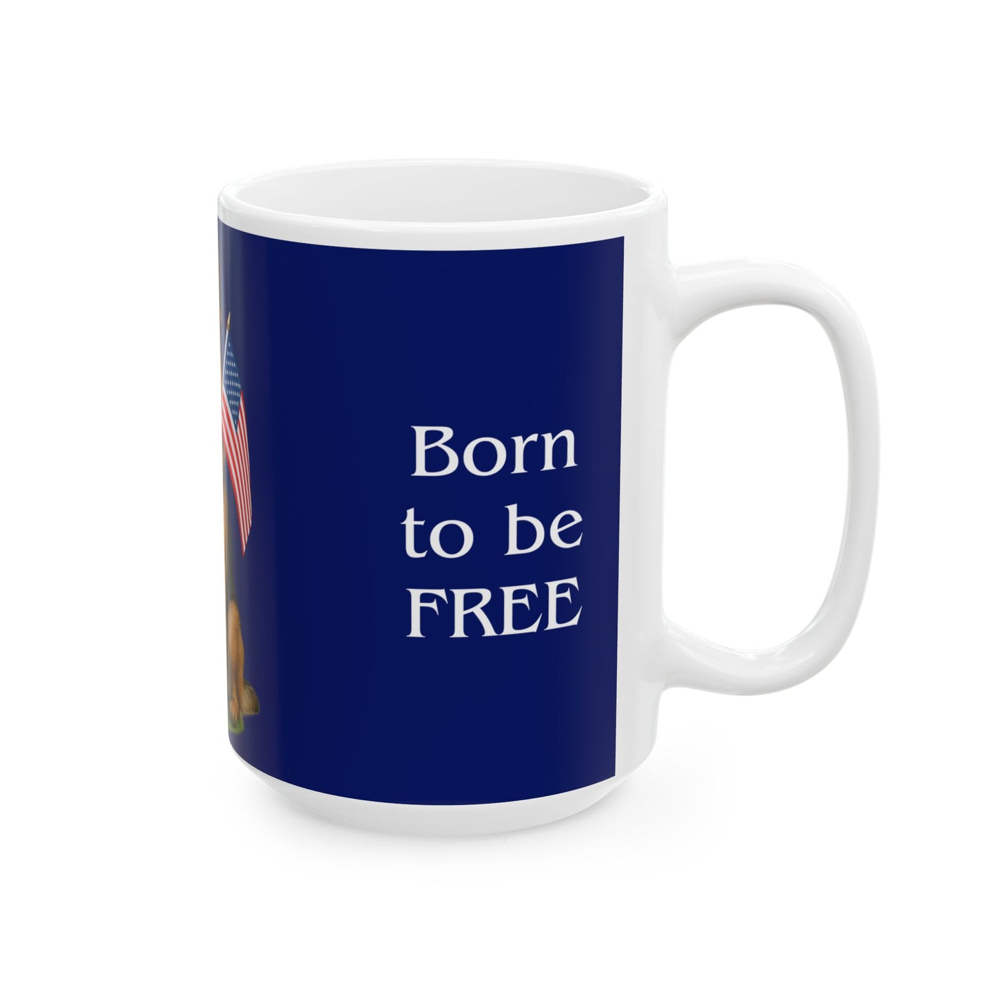 Mug with 'Born to be FREE' text on a blue background