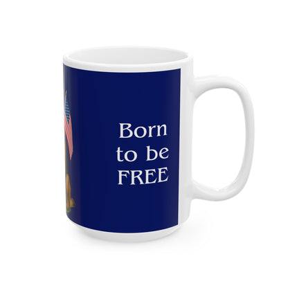 Mug with 'Born to be FREE' text on a blue background