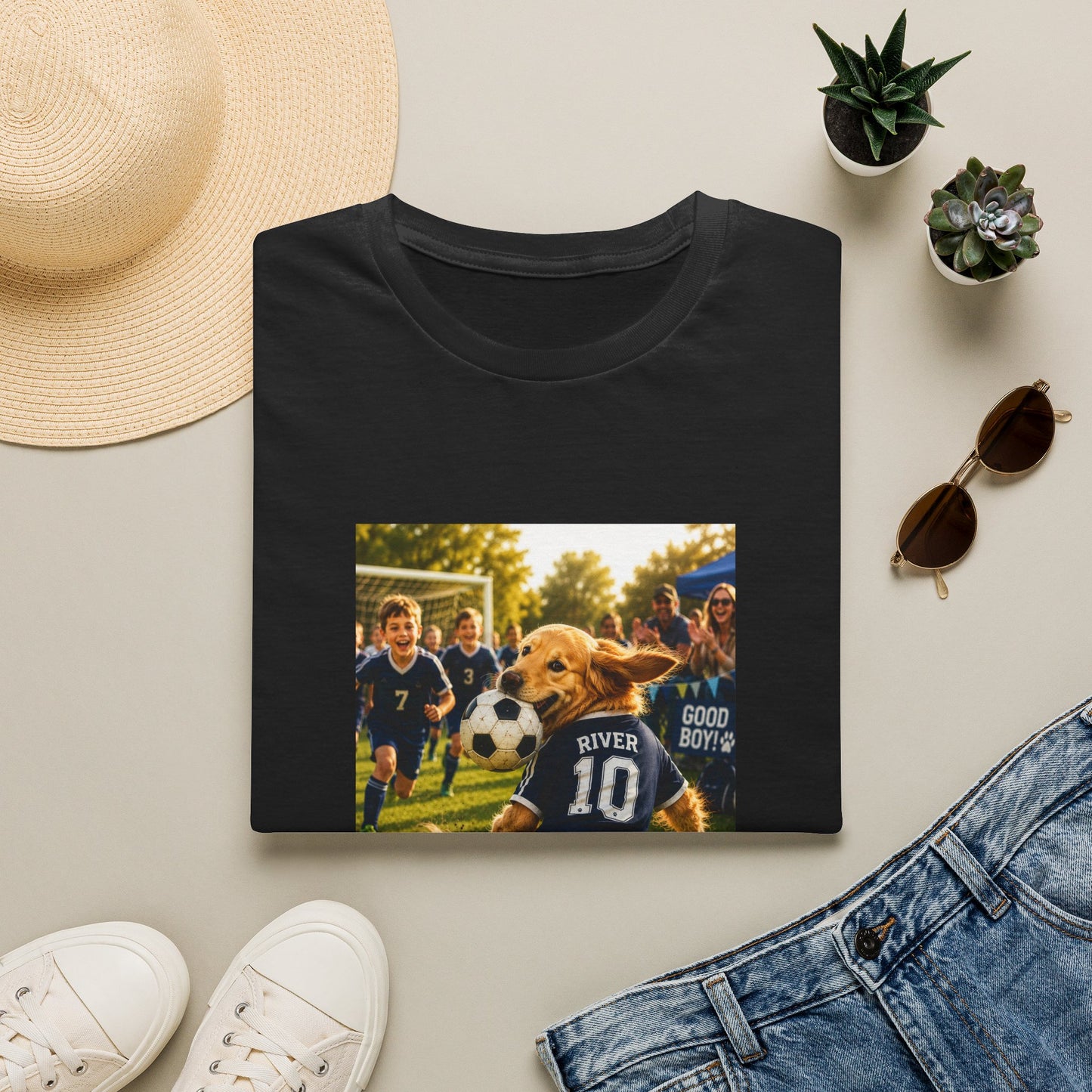 A black short-sleeve T-shirt laid flat on a light beige surface, styled with a straw hat, white sneakers, blue jeans, sunglasses, and small potted succulents. The shirt features a rectangular printed graphic of a golden retriever soccer player wearing a jersey numbered 10 with the word RIVER.