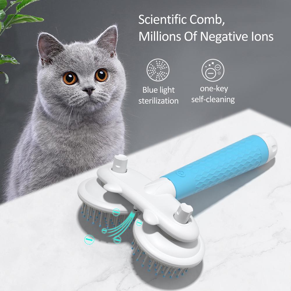 Cat with a grooming comb featuring scientific benefits on a white surface