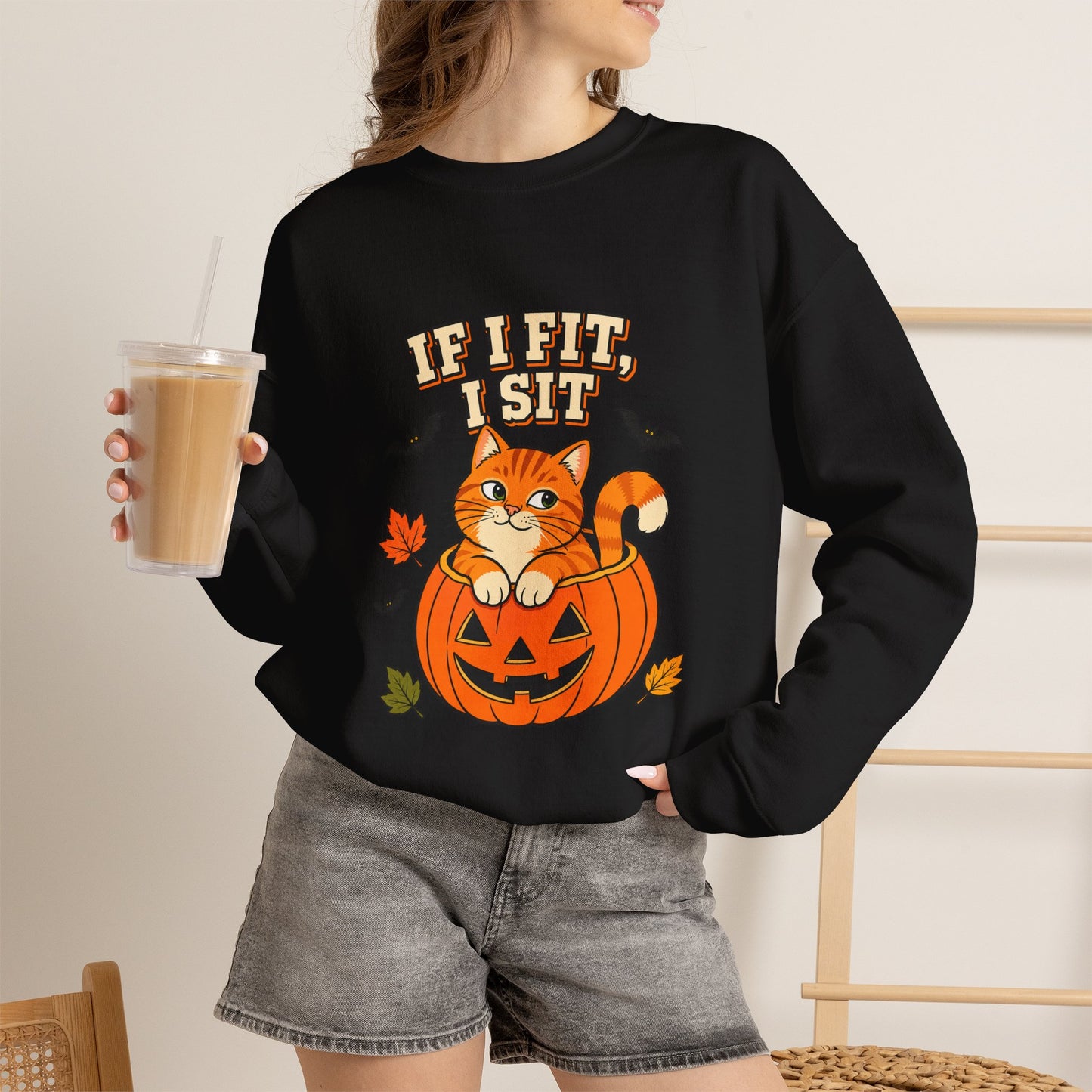If I Fit, I Sit Halloween Cat Sweatshirt – Pumpkin Cat Crewneck