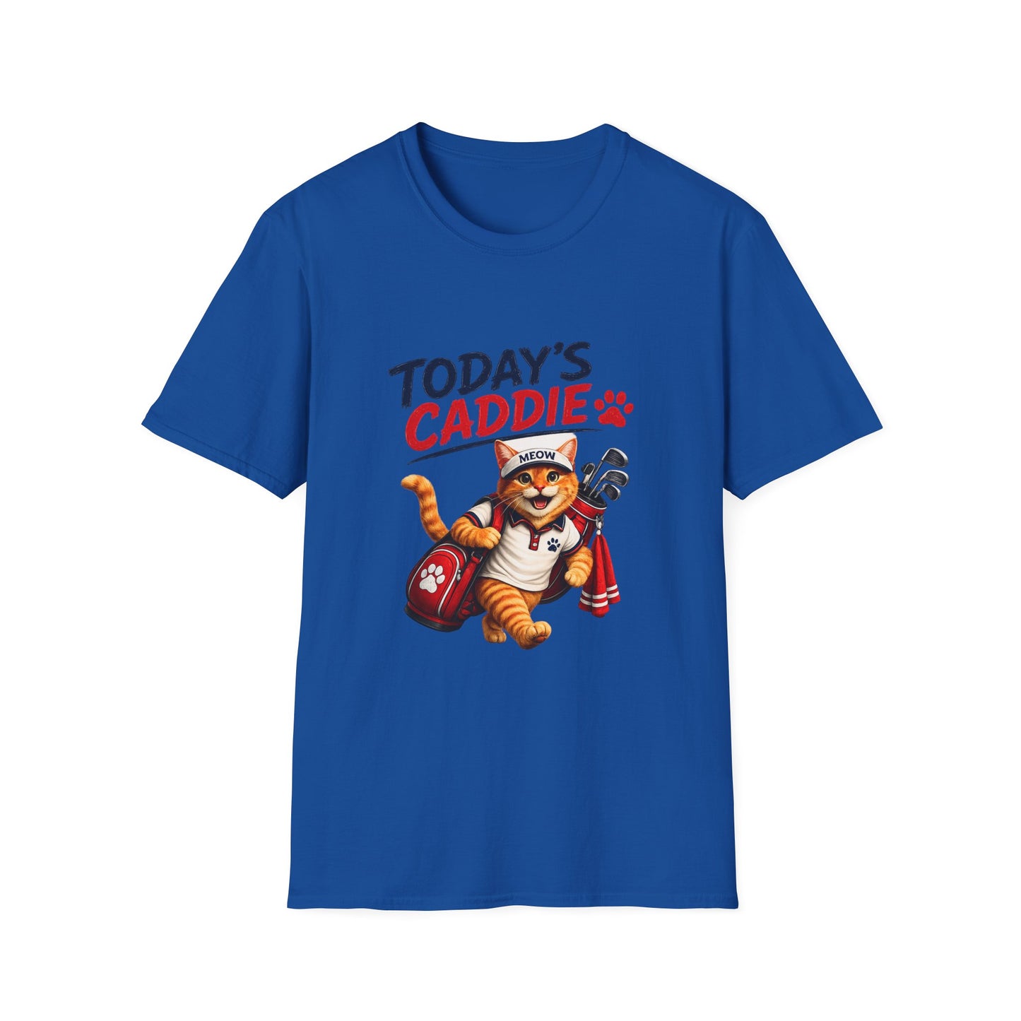 An royal blue short-sleeve crewneck t-shirt featuring a cartoon graphic of an orange tabby cat wearing a cap and holding golf clubs, with the text 'TODAY'S CADDIE' 