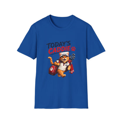 An royal blue short-sleeve crewneck t-shirt featuring a cartoon graphic of an orange tabby cat wearing a cap and holding golf clubs, with the text 'TODAY'S CADDIE' 