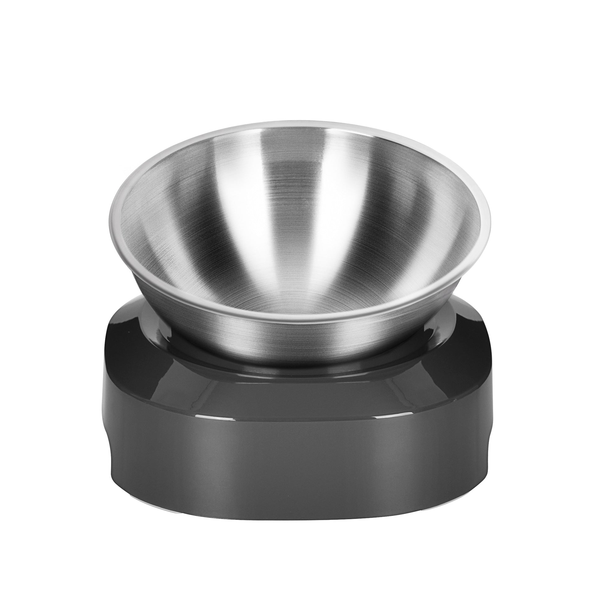 Stainless steel bowl on a black base against a white background