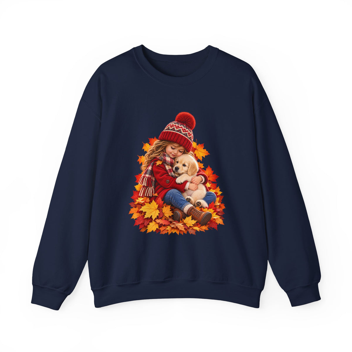 Navy crewneck sweatshirt featuring a little girl cuddling a golden retriever puppy among autumn leaves