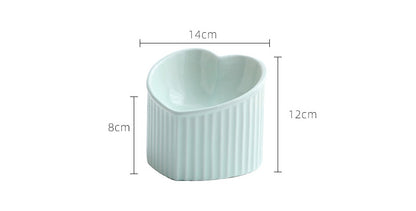Heart-shaped white container with dimensions on a white background