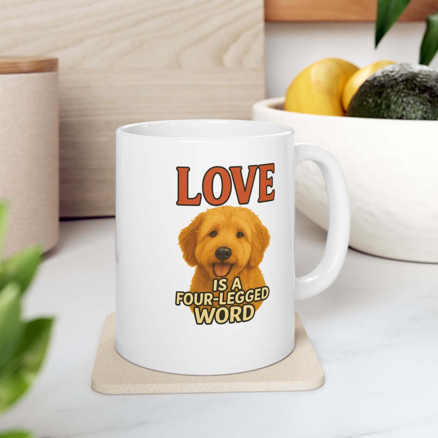 Goldendoodle Coffee Mug-“Love Is a Four-Legged Word” featuring an adorable dog design, perfect for pet lovers.