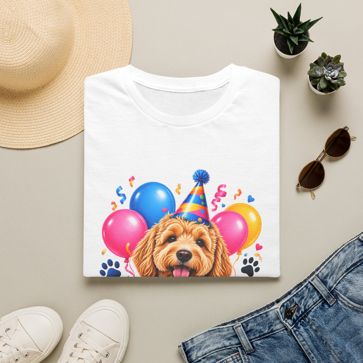 Folded White Birthday Dog T-Shirt featuring party puppy balloons and cupcake