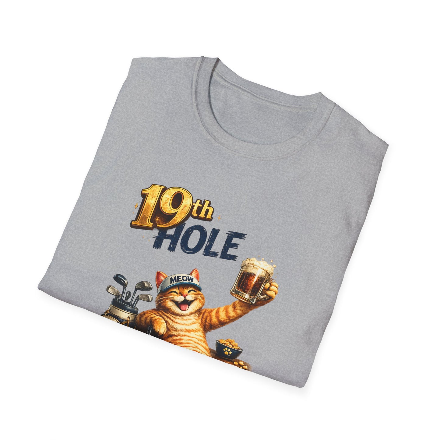 19th Hole funny cat golf T-shirt in sport grey with orange tabby golfer