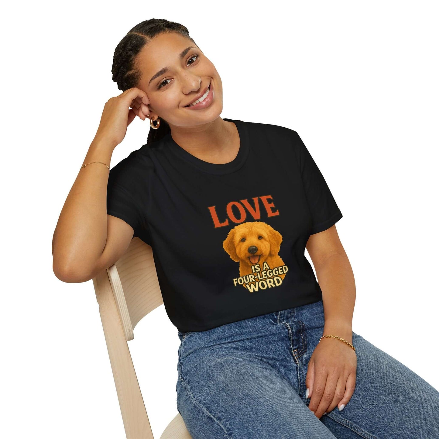 Woman wearing a Goldendoodle Tee: "Love Is a Four-Legged Word" celebrating pet love and accessories.