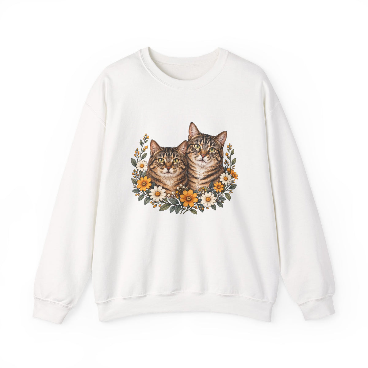 White crewneck sweatshirt featuring two tabby cats surrounded by orange and white wildflowers