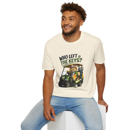 Who Left the Keys funny cat golf T-shirt with orange tabby driving a golf cart- natural color
