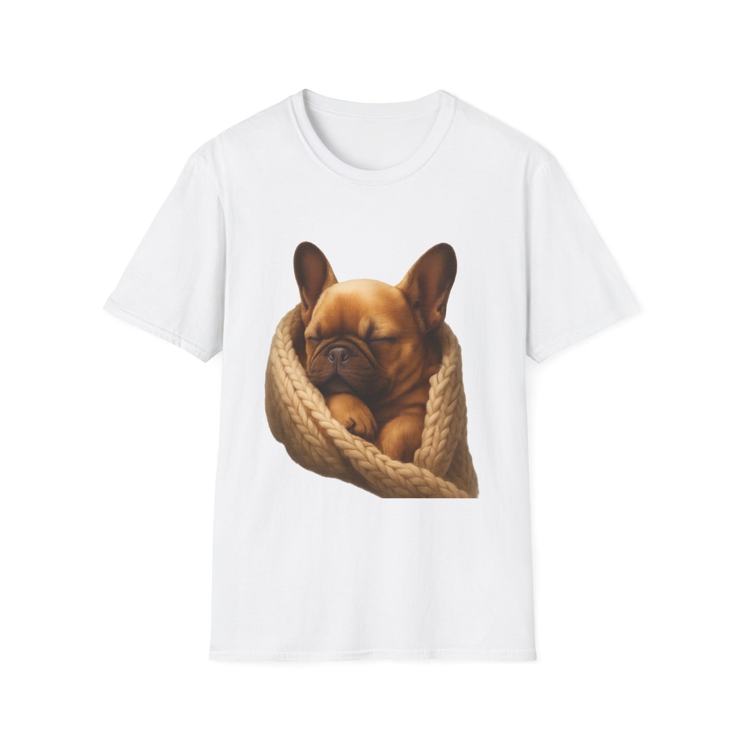 White t-shirt with a graphic of a dog in a bag on a white background